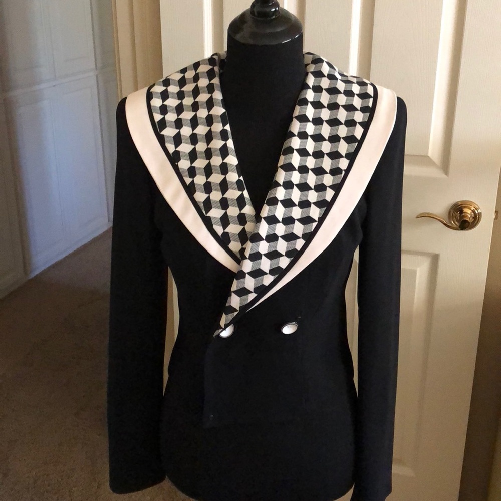 Designer pant suit Black with back & white collar